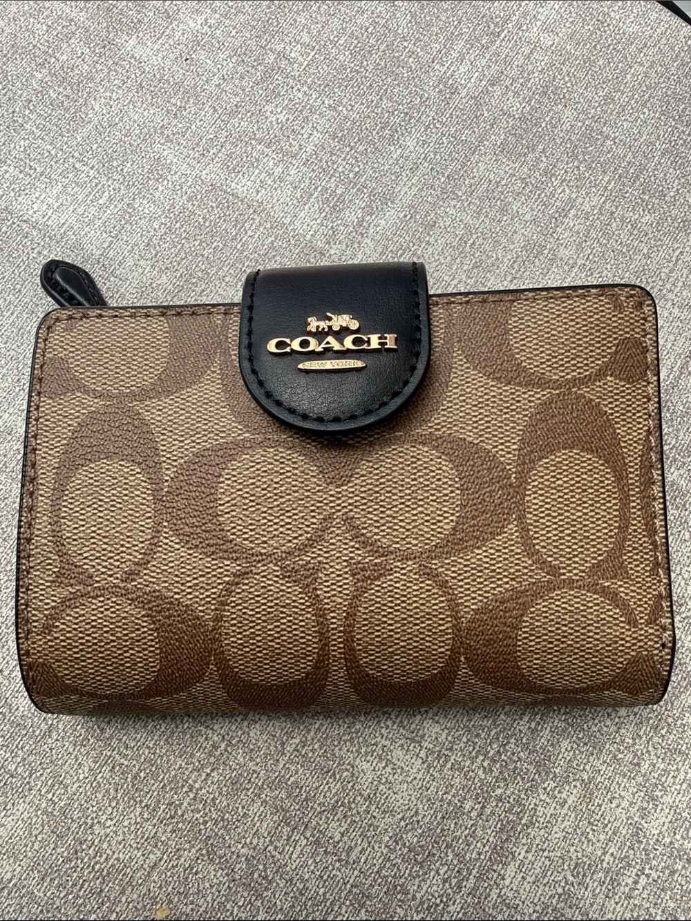 Coach Brown Signature Canvas Wallet with Black Leather Snap